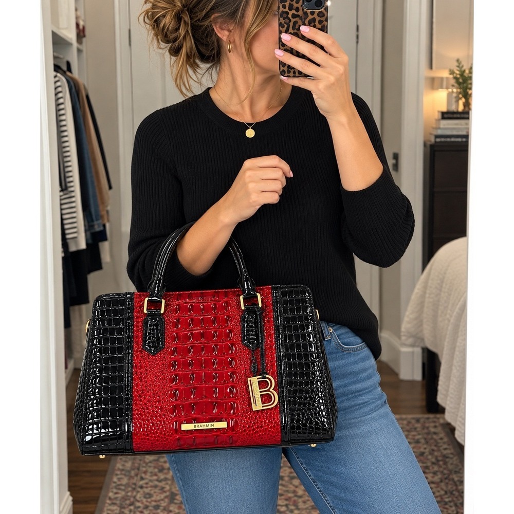 Brahmin Red Black Croc Embossed Leather Satchel Crossbody Bag New